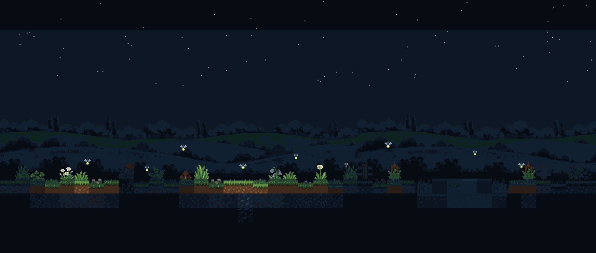 A pixel meadow at night with fireflies lighting the grass around them